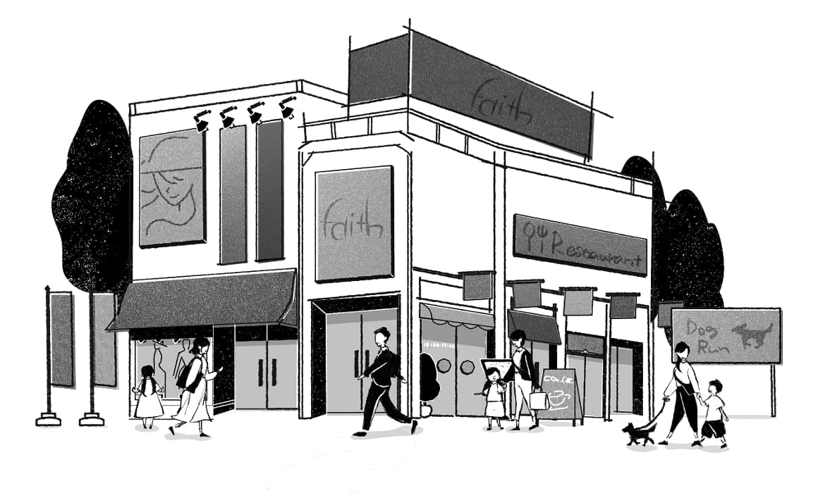 店の前を歩く人々を描いた白黒のイラスト